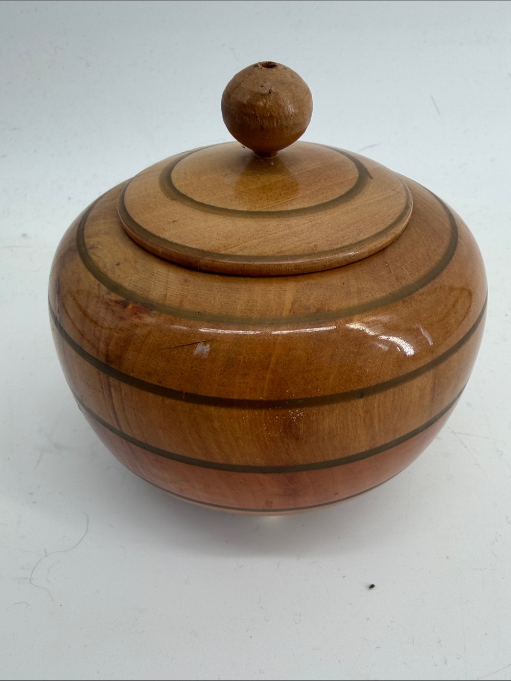 Vintage Hand Turned Wood Round Lidded Trinket Bowl